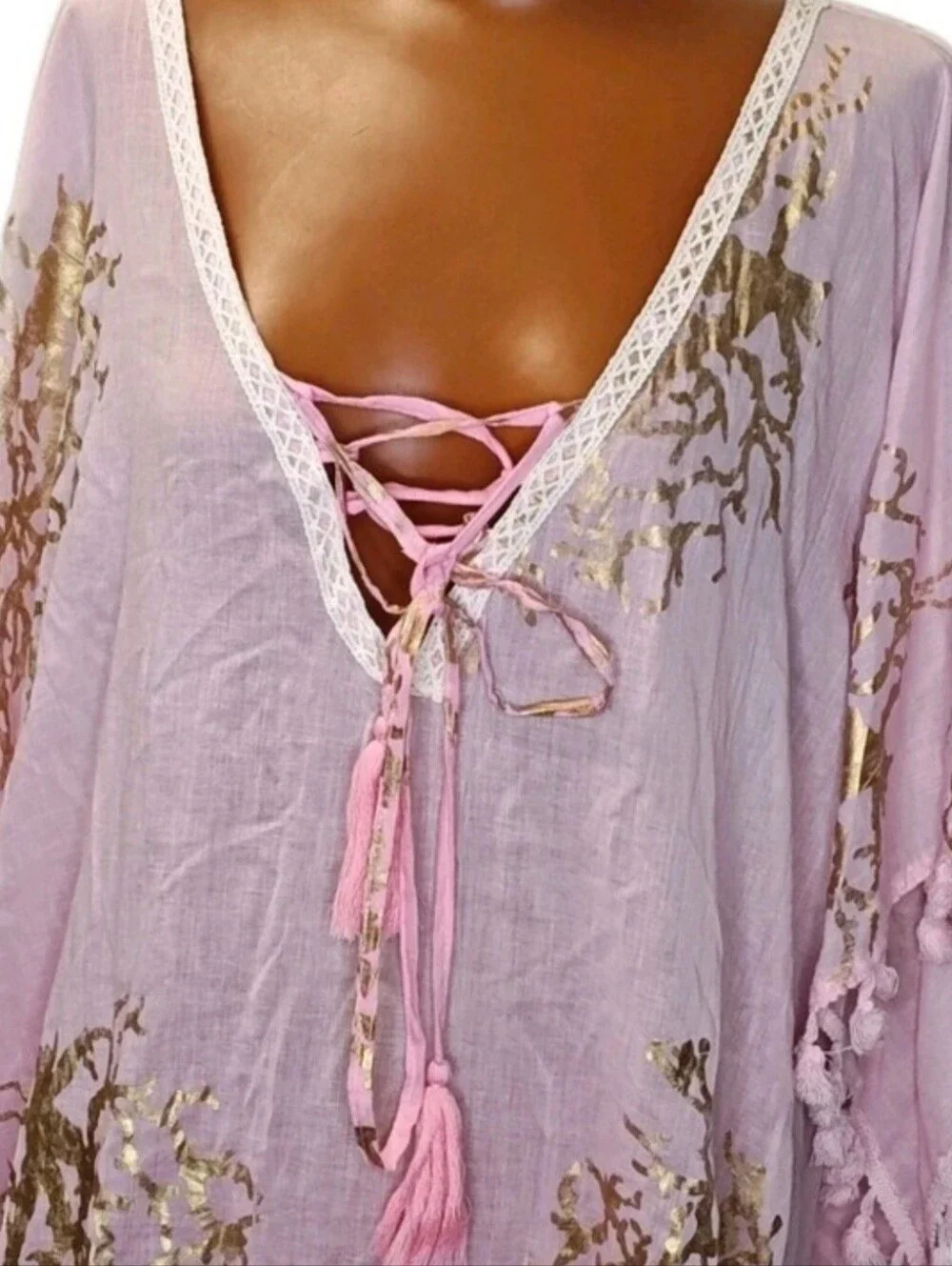 Debbie Katz South Beach Fringed Coverup Tunic Sz 3X-4X Sheer Pink Gold Resort